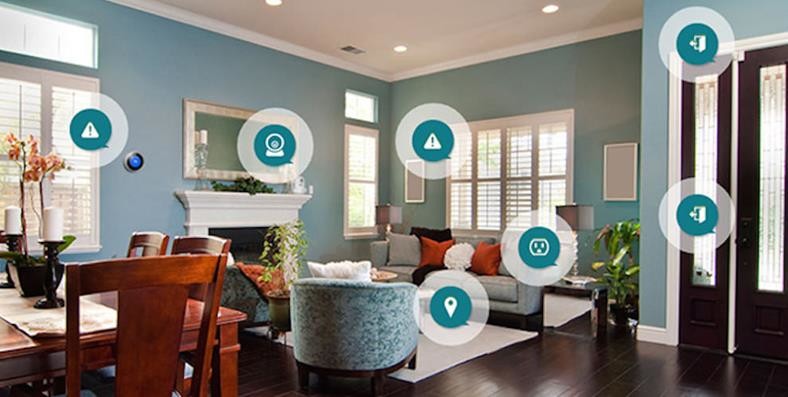 Image of the inside of a home with several smart home functions identified