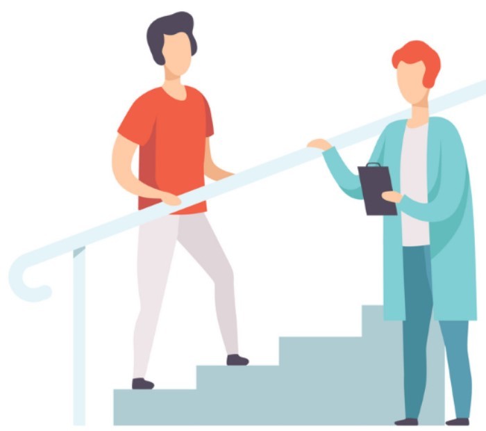 Illustration of person walking up stairs under the watchful eye of an Occupational Therapist holding a clipboard