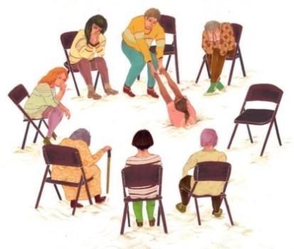 Illustration of people in a support group sitting in a circle with one person puling the other up
