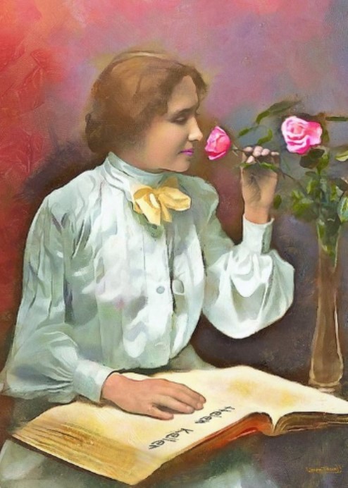 Painting of Helen Keller smelling roses