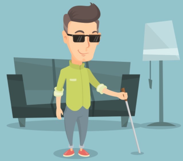 Illustration of blind person with white cane in living room