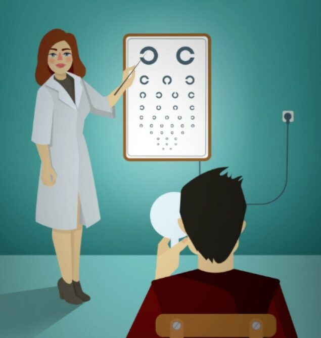 Illustration of Ophthalmologist pointing to an eye chart with person sitting in chair - used to depict our Low Vision Ophthalmologist content for our eBook