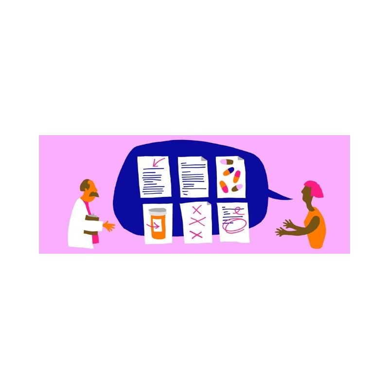 Illustration of people standing at a decision board, doctor on left and patient on right