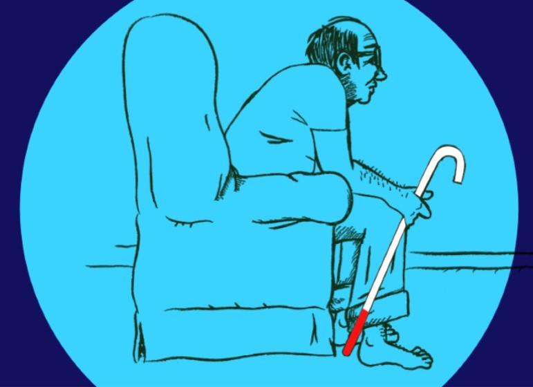Blue Illustration of elderly person sitting in a chair holding a cane