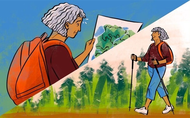 Person hiking and looking at a map