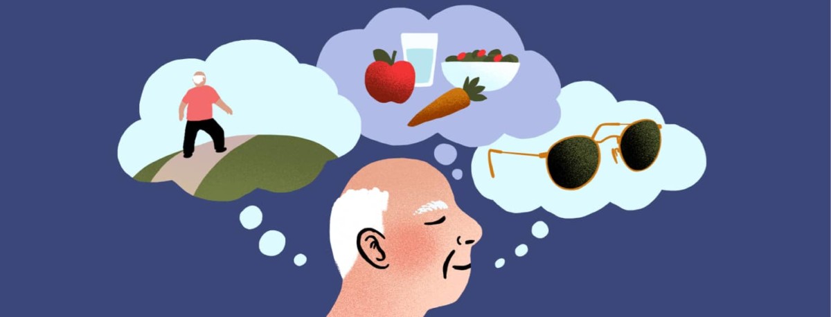 Illustration of person with eyes closed and image bubbles of different thoughts
