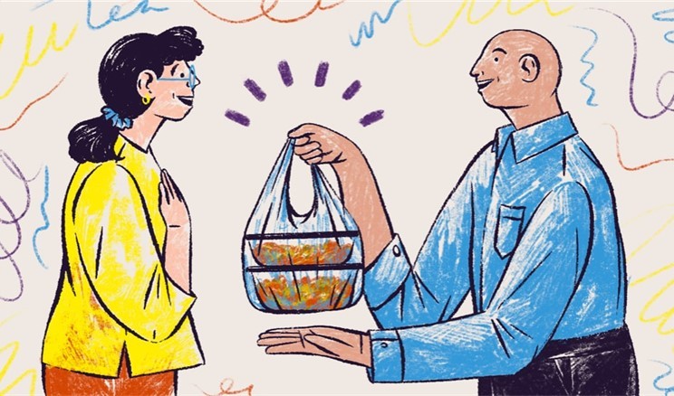 Illustration of a person handing another person a gift basket