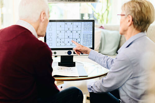 MagniLink One Man and Woman playing a game with puzzle magnified on the screen 1