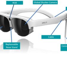 NuEyes Pro3 Augmented Reality Glasses with blue component labels