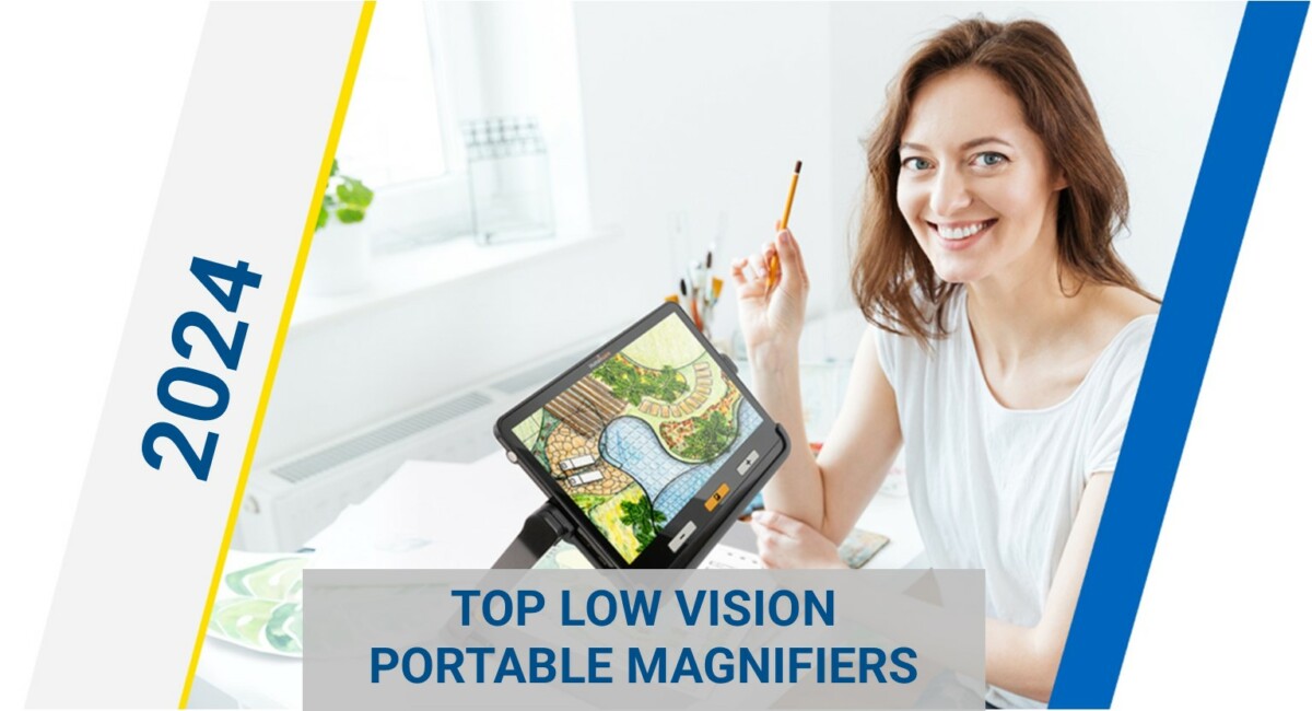 Top Portables 2024 with person sitting in front of an explore 12 Portable Magnifier