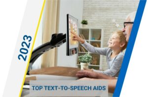 Top Text-To-Speech Aids with adult sitting and child pointing to the screen