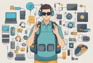 Deaf-Blind person wearing technology and technology in the background