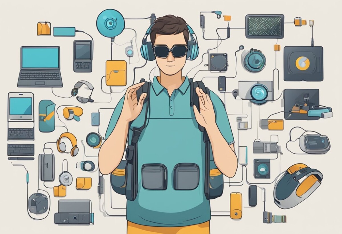 Deaf-Blind person wearing technology and technology in the background