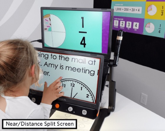 CloverView XL Portable Magnifier with External Screen with Student pointing to the screen
