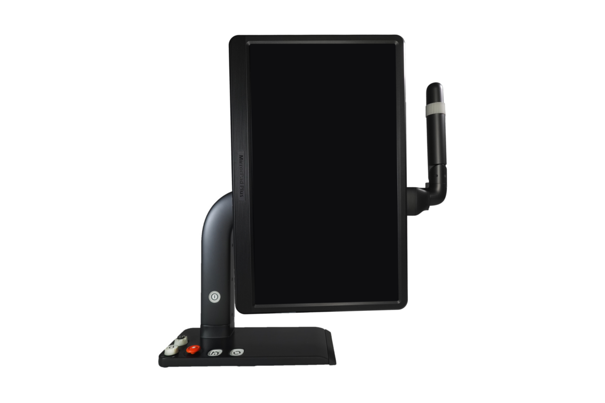 Mirror Pad Plus Desktop Magnifier in vertical position with black screen
