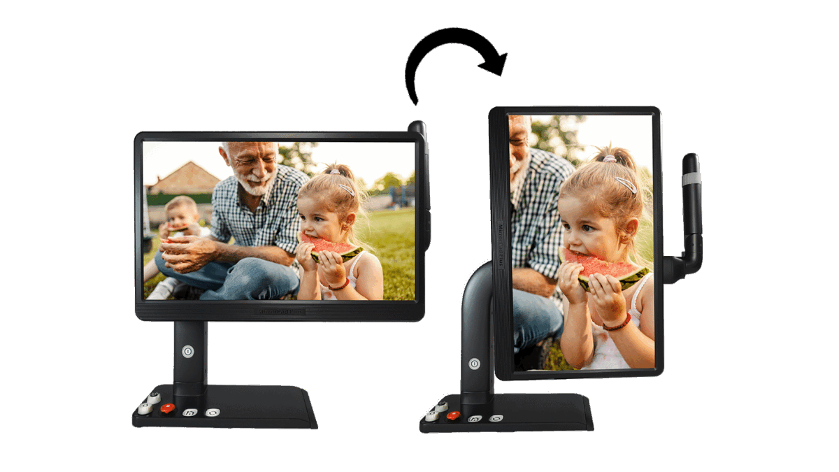 Image of two Mirror Pad Plus Desktop Magnifiers, one in horizontal and one in a vertical position with arrow showing how it tilts to the different position