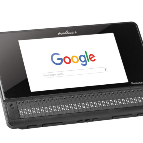 BrailleNote Touch Plus-Front angle with Google on the screen