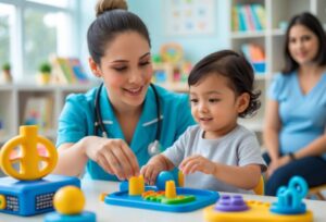Medical person and child engaging at a table with a game