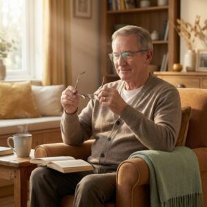 An older man examining anti-glare glasses while reading at home