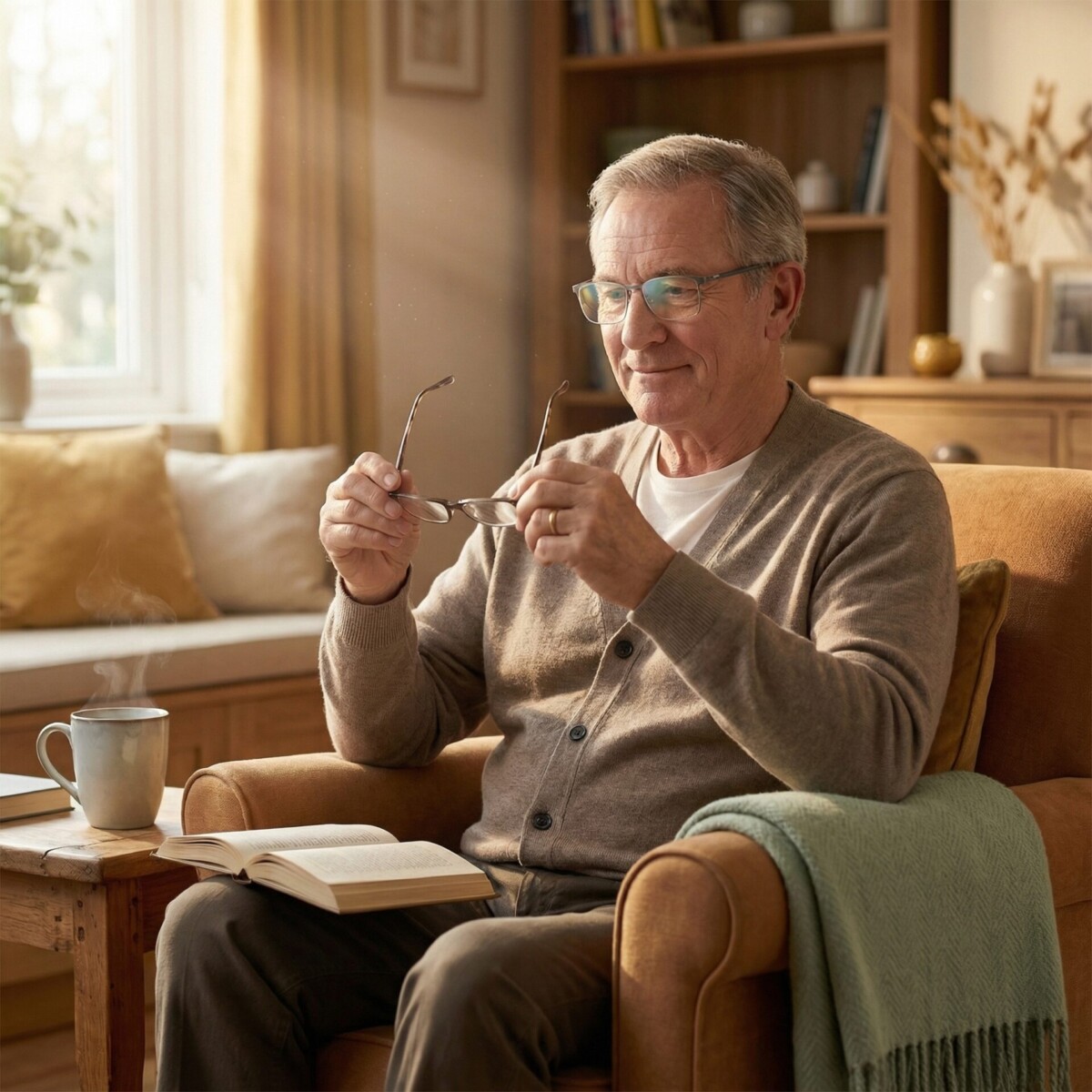 An older man examining anti-glare glasses while reading at home