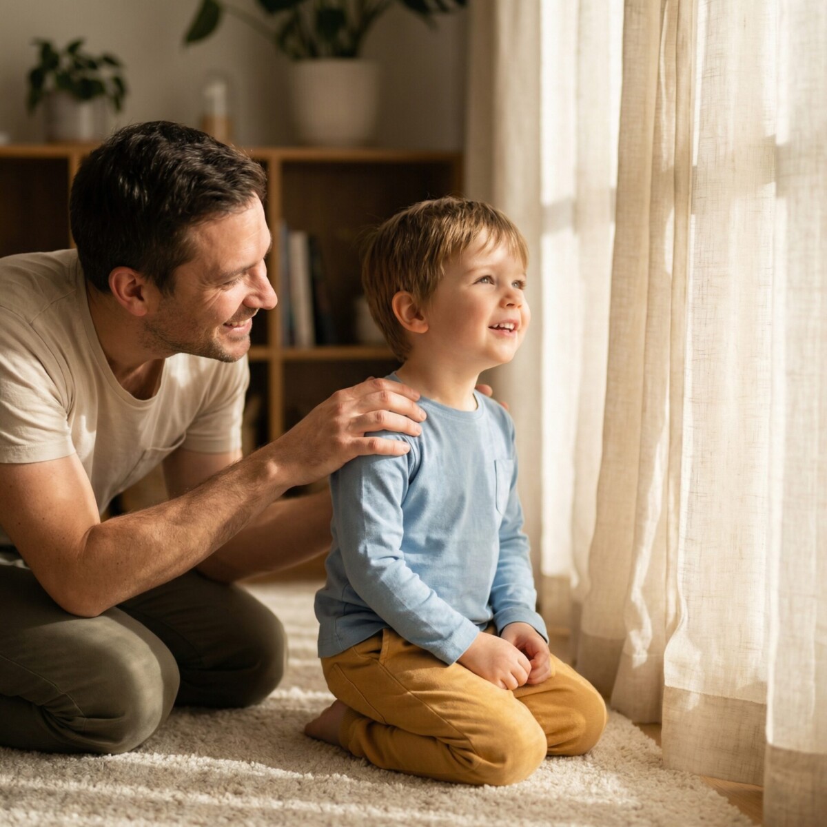 A father sitting with his young child in a warm, sunlit room, gently connecting during a quiet moment together
