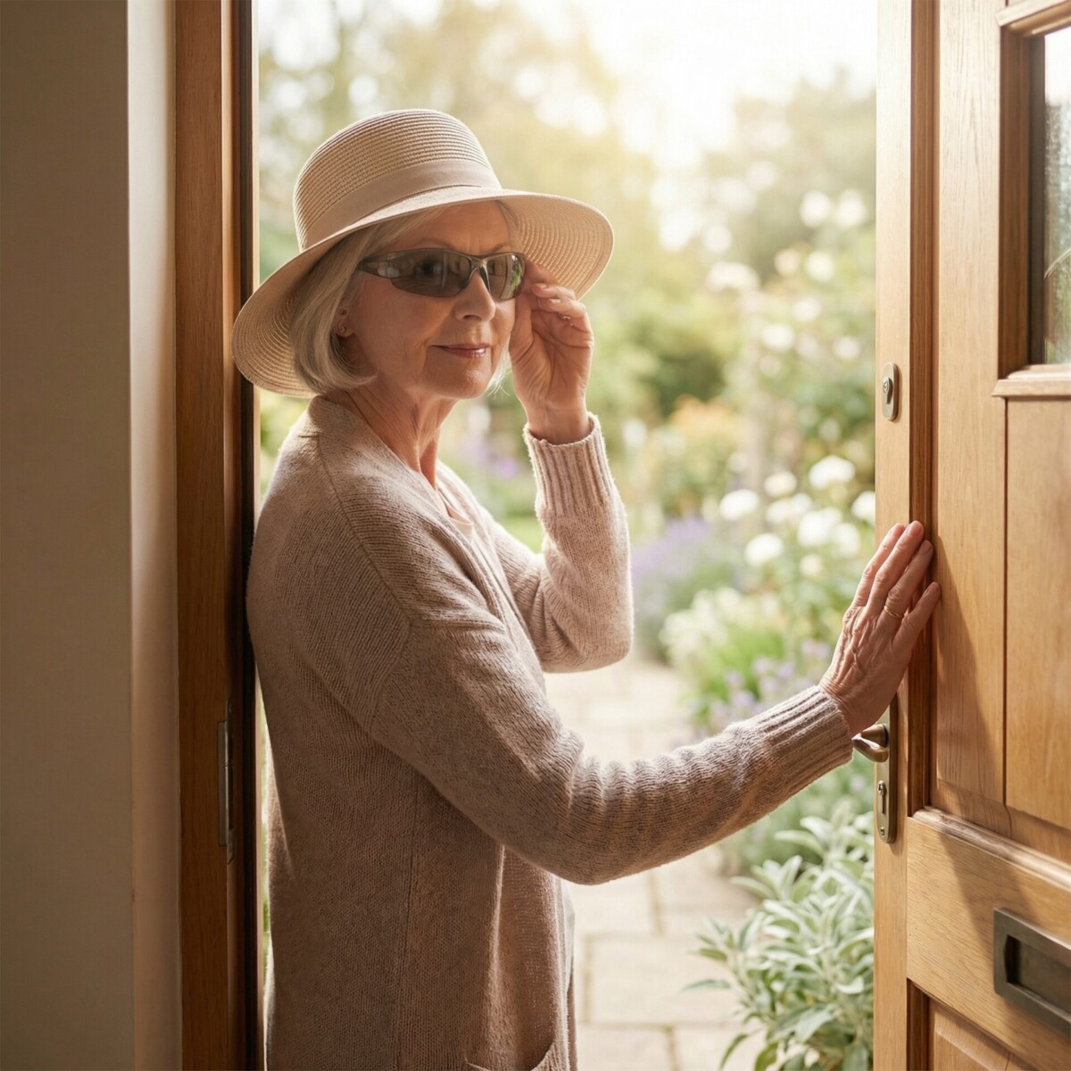 A woman with a sun hat adjusting her glasses for light sensitivity while stepping outside