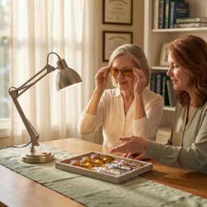 A low vision specialist helping a patient select night driving glasses