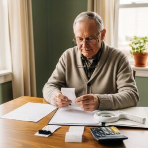 Older man using a handheld electronic magnifier to review tax paperwork and HSA receipts at his kitchen table - tax deductions and FSA HSA for assistive technology