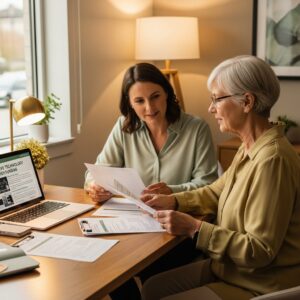 Low vision specialist and client reviewing assistive technology funding options at a desk, with paperwork and a laptop showing program comparisons