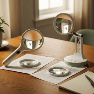 Handheld illuminated magnifier and desktop stand magnifier with LED base side by side magnifying printed text