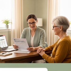 Low vision specialist explaining Medicare coverage paperwork to a client at a desk, with a laptop showing plan comparison details