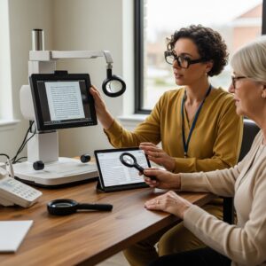 Low vision specialist demonstrating range of assistive technology to older adult with macular degeneration in welcoming consultation office, electronic magnifier and tablet visible on the desk