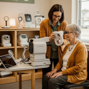 Low vision specialist demonstrating an electronic video magnifier to a client at a state assistive technology lending program demonstration room