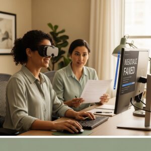 Worker with low vision using accessible workstation with large monitor and assistive technology, vocational rehabilitation counselor reviewing Individualized Plan for Employment in background