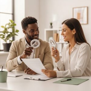 Low vision specialist and client reviewing a document with a magnifier — ADA accommodations for low vision