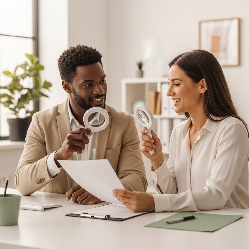 Low vision specialist and client reviewing a document with a magnifier — ADA accommodations for low vision