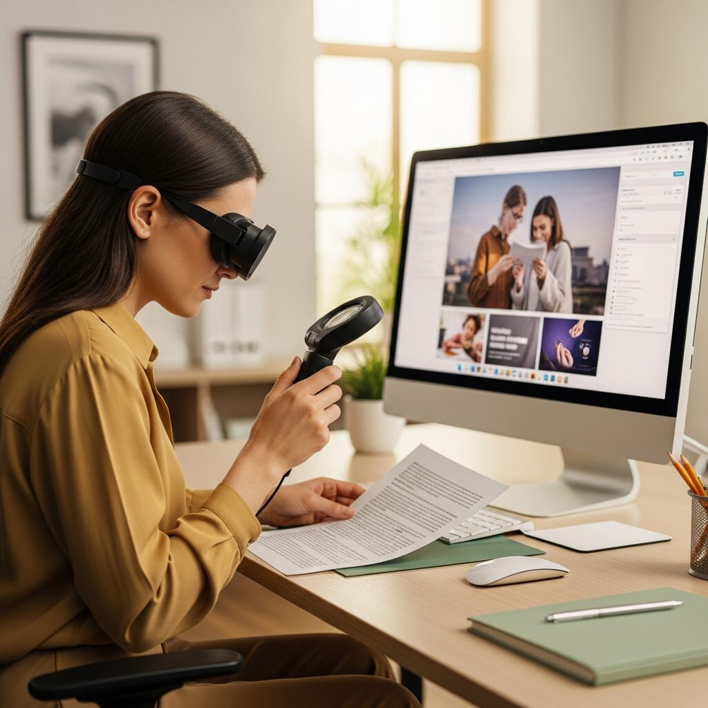 Person with low vision using a portable electronic magnifier and large monitor at a workplace — assistive technology for work with low vision