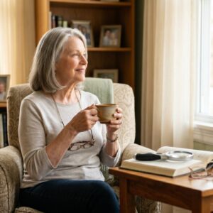 Older adult sitting calmly by a sunlit window adjusting to life with low vision, a magnifier and book nearby - coping with vision loss in old age