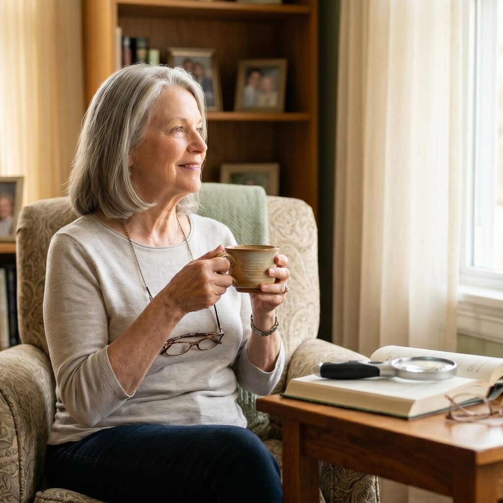 Older adult sitting calmly by a sunlit window adjusting to life with low vision, a magnifier and book nearby - coping with vision loss in old age