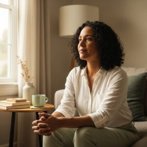 Adult with CVI sitting calmly by a sunlit window in a warm, uncluttered living room