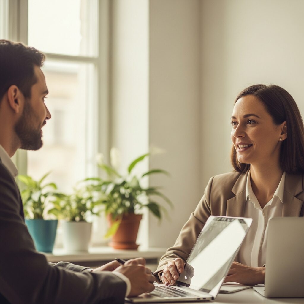 Employee disclosing vision loss to their employer during a supportive one-on-one conversation at a desk