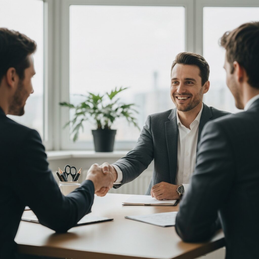Hiring manager and candidate smiling during a welcoming job interview, illustrating hiring visually impaired employees in an inclusive workplace