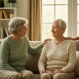 Older adult with vision loss sharing a warm, supportive conversation with a loved one at home - depression from vision loss