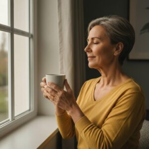 Family caregiver pausing for a quiet, restful moment with a cup of tea by a sunlit window - caregiver burnout and vision impairment