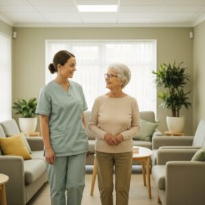 Care staff member walking and chatting with a smiling older woman in a bright assisted-living common room - assisted living for visually impaired seniors