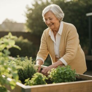 Older woman with low vision tending herbs in a raised garden bed, enjoying an engaging hobby outdoors - activities for blind seniors