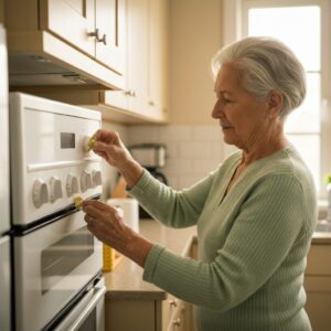 Older adult with low vision applying high-contrast tactile markers to kitchen appliance dials - adaptive techniques for low vision