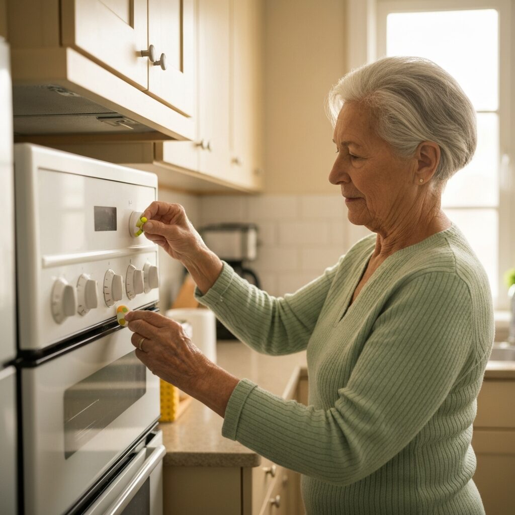 Older adult with low vision applying high-contrast tactile markers to kitchen appliance dials - adaptive techniques for low vision