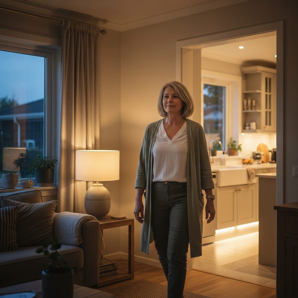 Woman moving confidently through a warmly and evenly lit home in the evening - managing night blindness with retinitis pigmentosa