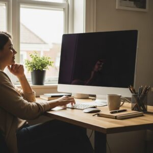 Person comfortably working at a tidy home office desk with a large monitor, a setup that supports remote work low vision accessibility